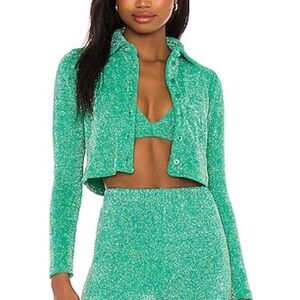 Frankie's Bikinis Green Glitter Two Piece Sparkle Terry Cardigan Pants Set M